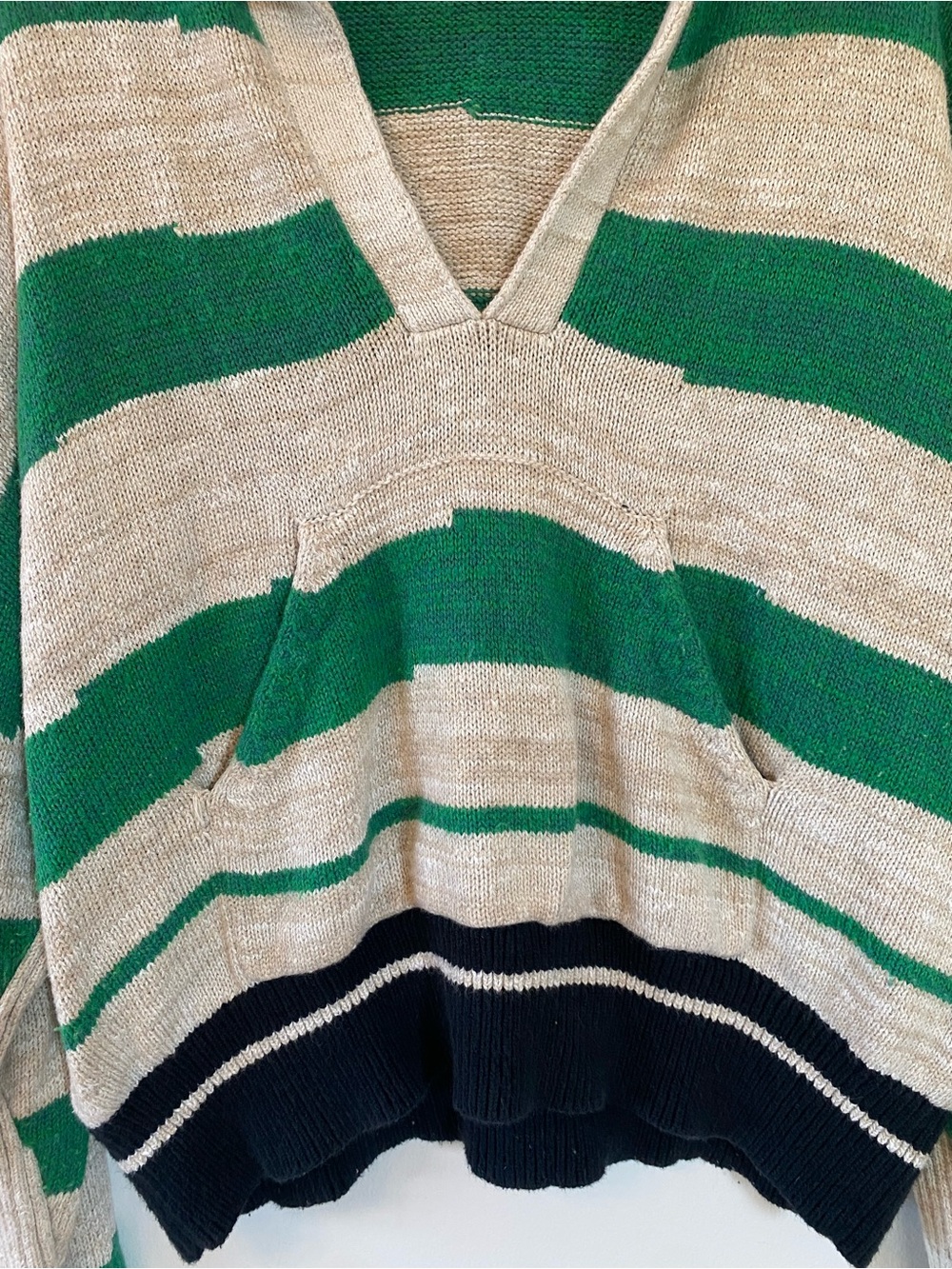 Pilcro Green and Cream Striped Scoop Collar Sweater with Black Trim - Picture 3 of 8
